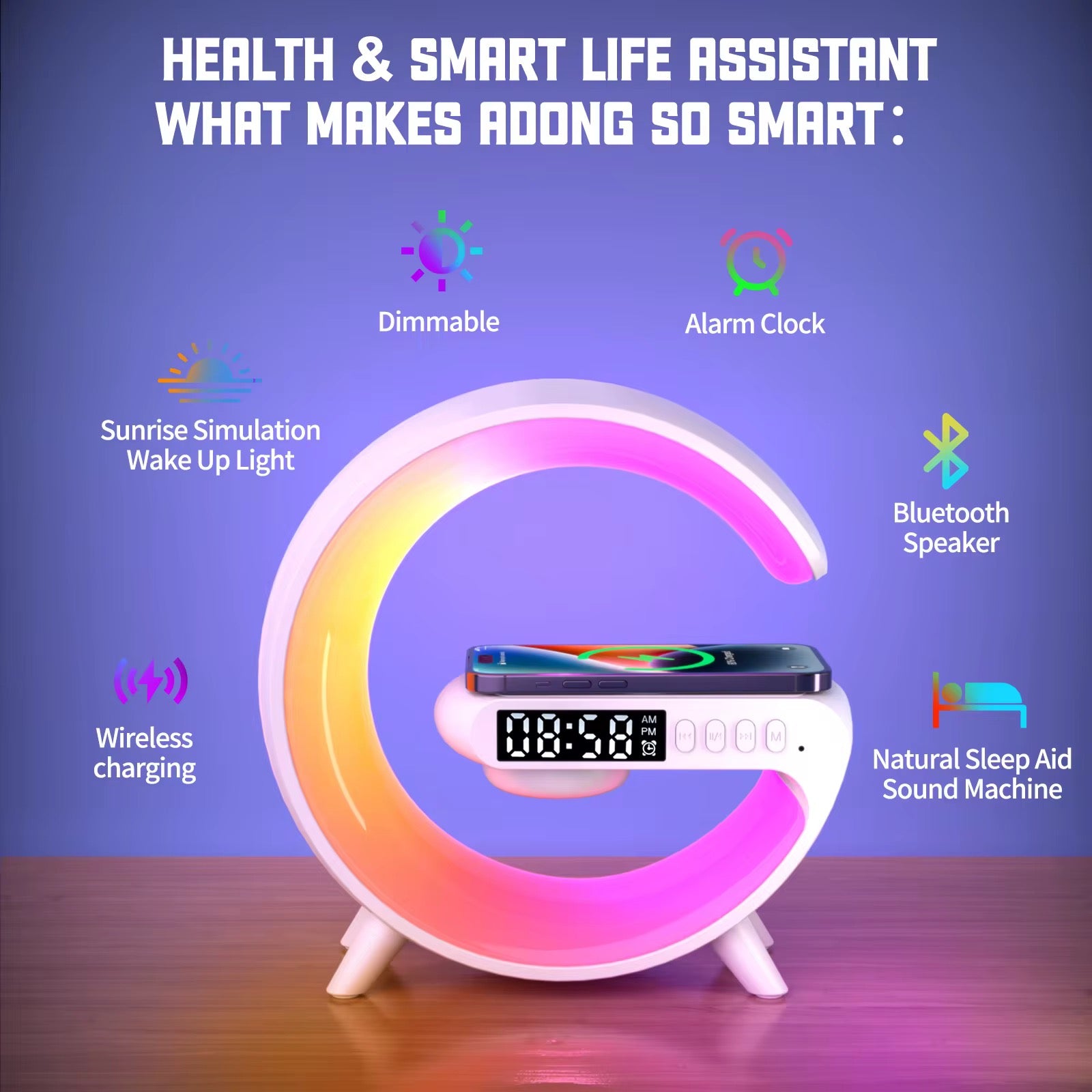 G shaped Led night light with wireless charger and bluetooth speaker