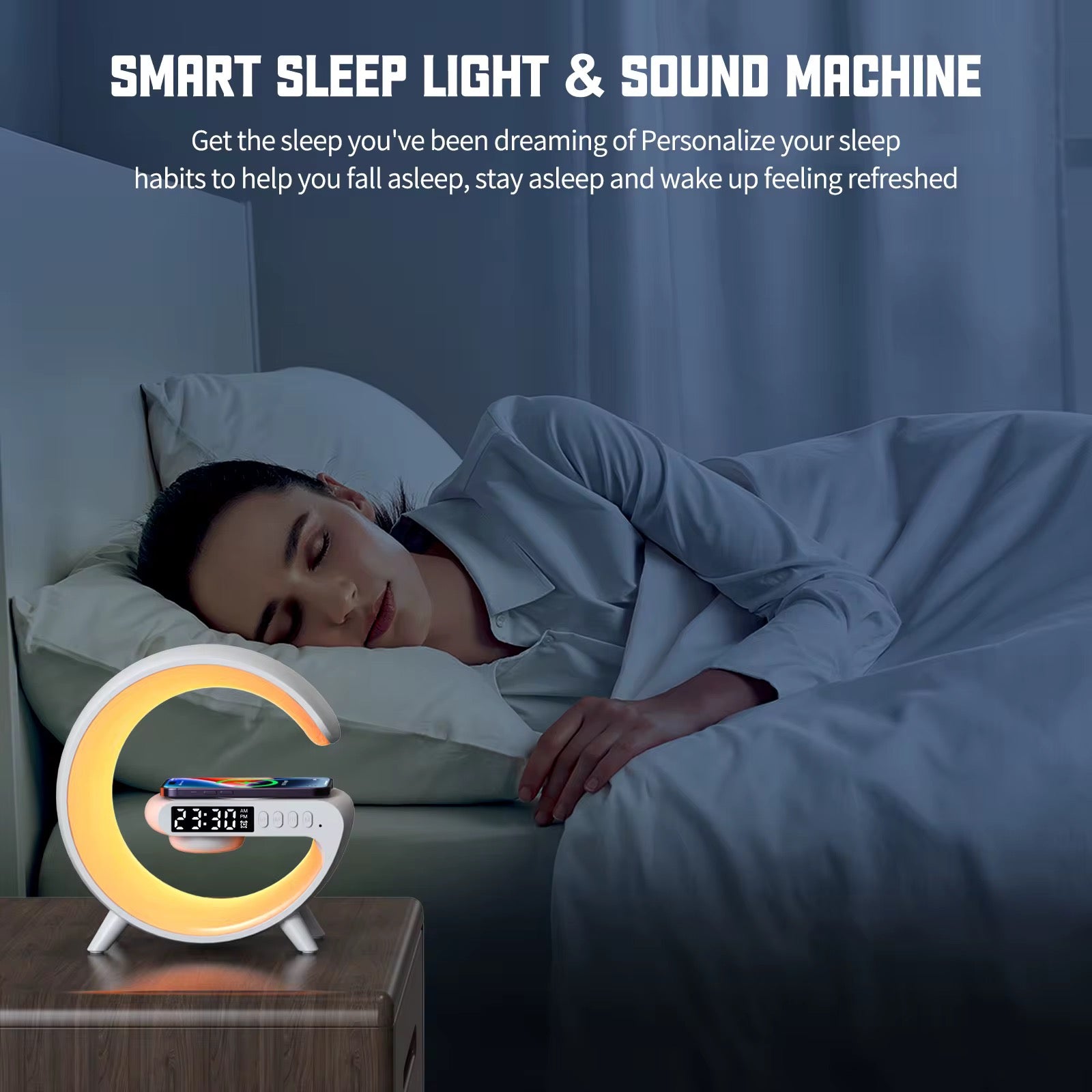G shaped Led night light with wireless charger and bluetooth speaker