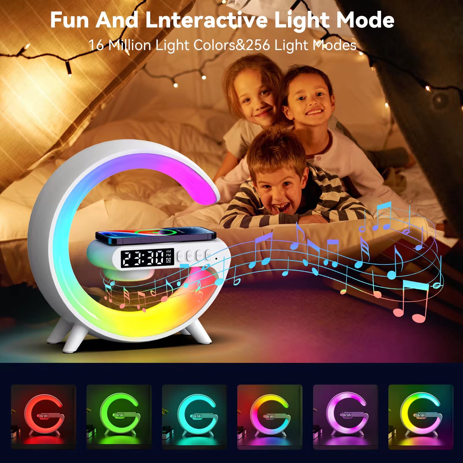 G shaped Led night light with wireless charger and bluetooth speaker